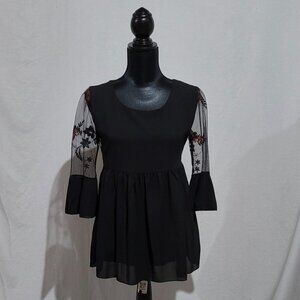 Elena Baldi blouse lacy smock style shirt sheer sleeves back floral embroidery
